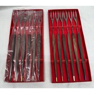2 sets of Danish Modern MCM Set 6 Fondue Appetizer Forks Walnut Vintage 1960's
